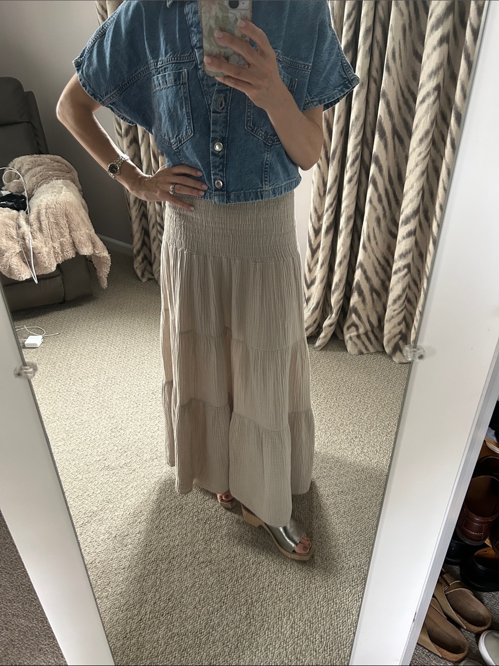 Smocked Waist Beige Maxi Skirt - Neutral Tiered Flow